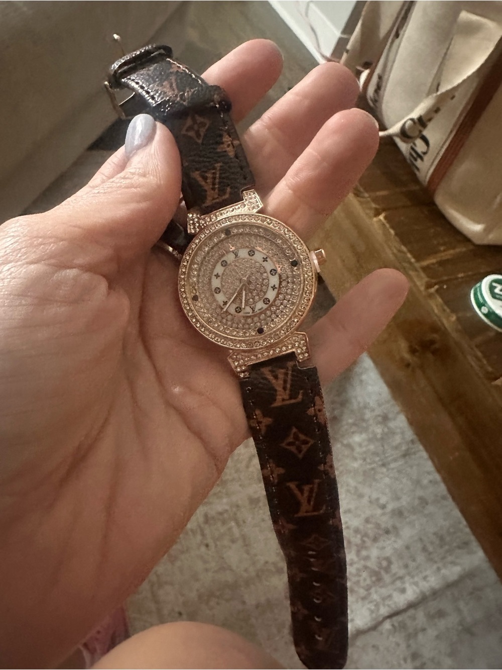 Source Unknown Gold Crystal Watch with Brown Monogram Strap & Gold LV Bracelet - Picture 8 of 15